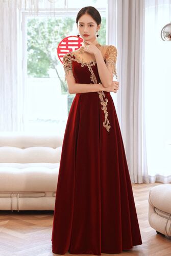 Burgundy Velvet Embroidered Cap-Sleeve Gown – Perfect for Weddings and Festive Occasions