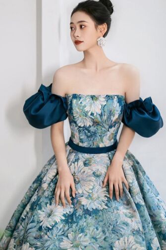 Floral Print Off-Shoulder Ball Gown with Puffy Sleeves – Perfect for Formal Events and Galas