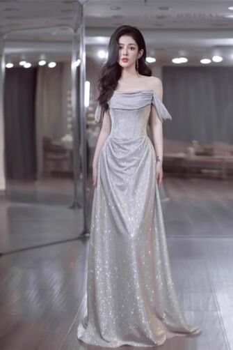 Lunar Luster – Cowl Off-Shoulder Silver Sequin Gown