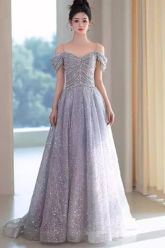 Twilight Sparkle Off-Shoulder Evening Gown – Glittering Silver Elegance