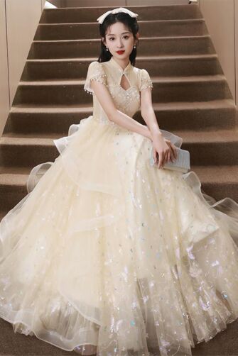 Graceful Champagne Tulle Ball Gown with Mandarin Collar – Perfect for Weddings and Formal Events