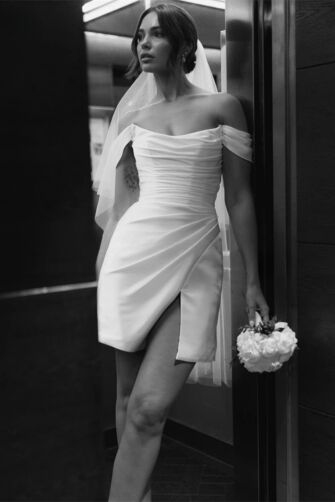 Off-the-Shoulder Ruched Mini Dress with High Slit for Formal Events