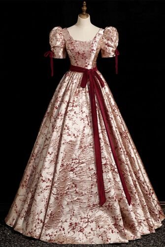 Ivory & Red Jacquard Puff-Sleeve Ball Gown with Bow – Perfect for Weddings and Festive Occasions
