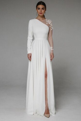 One-Shoulder Long-Sleeve Gown with High Slit for Formal Events