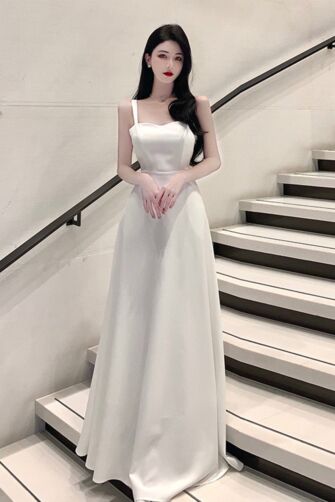 Sleek White Satin Spaghetti-Strap Gown – Perfect for Weddings and Formal Soirees