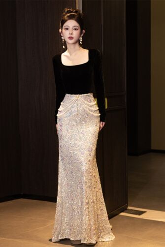Black Velvet Square-Neck Gown with Gold Sequin Skirt – Perfect for Evening Soirées