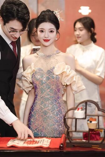 Golden Aurora – Sequin Bodycon Gown with Ruffled Organza Sleeves