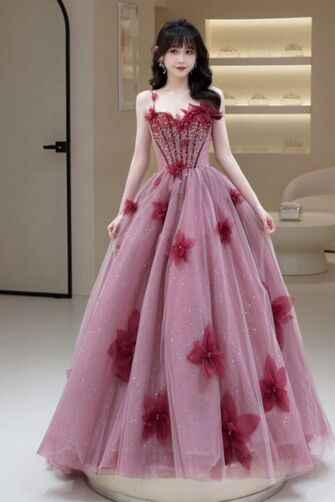 Pink Floral Sequin Princess Gown – Elegant Party Dress with Sparkling Details