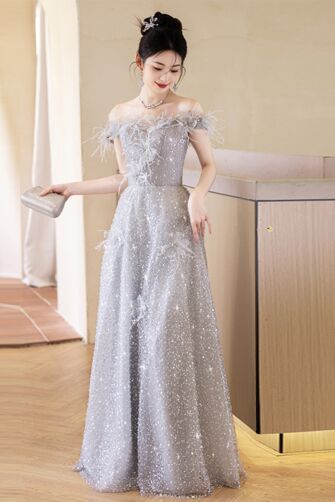 Silver Feather Off-Shoulder A-Line Gown – Perfect for Weddings and Formal Soirées