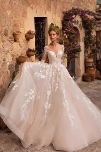 Lace-Embellished Ball Gown with Long Train for Formal Events