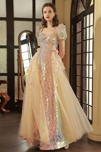 Opalescent Elegance Gown with Puffy Sleeves and Tulle Train – Sparkling Evening Dress