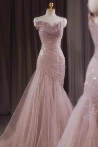 Elegant Pink Mermaid Train Evening Gown - Fairy-Tale Spaghetti Strap Long Dress for Engagement and Adult Celebrations