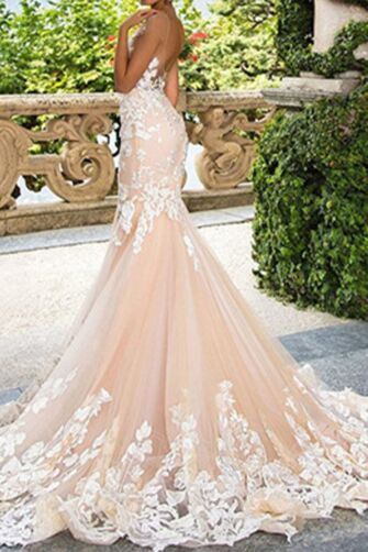  Appliqué Mermaid Gown with Long Train for Formal Events