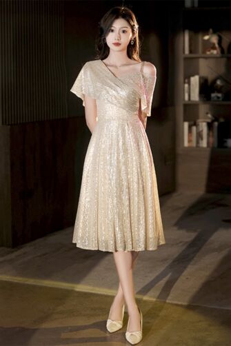 Gold One-Shoulder Sequin Midi Dress – Perfect for Cocktail Parties and Evening Soirees