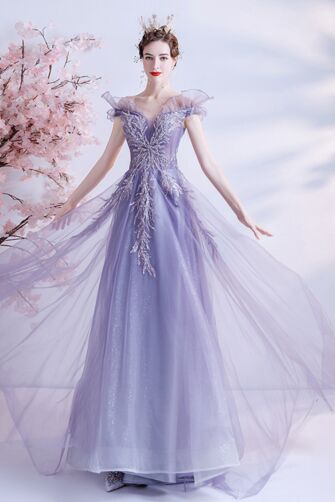 Lavender Ruffle-Sleeve Lace Tulle Gown – Perfect for Fairy-Tale Weddings and Formal Evenings