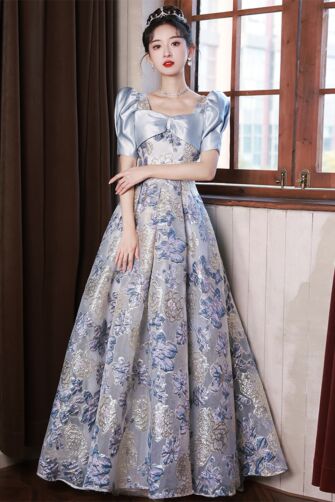 Elegant Blue Satin and Floral Brocade Ball Gown – Perfect for Galas and Formal Occasions