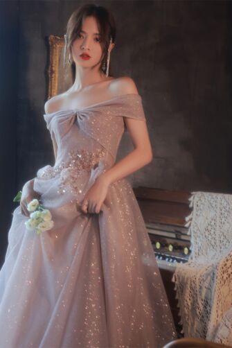 Twilight Sparkle Off-Shoulder Gown – Elegant Glitter Tulle Dress with Bow Detail for Formal Events