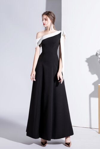 Black and White Asymmetrical One-Shoulder Gown with Satin Ribbon Detail – Perfect for Evening Galas and Formal Events