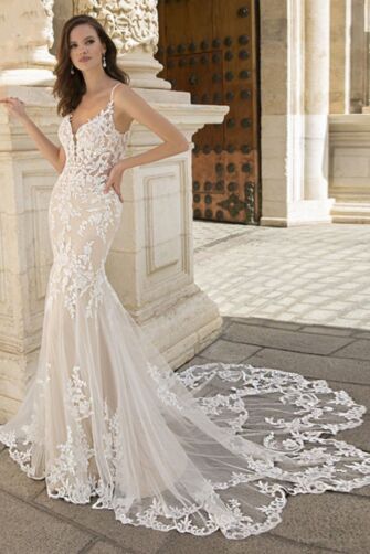 Lace Appliqué Mermaid Gown with Long Train for Formal Events