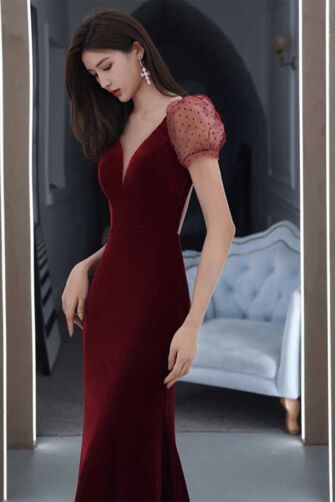 Burgundy Velvet V-Neck Puff Sleeve Gown – Perfect for Weddings and Evening Soirees