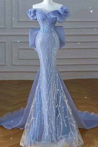 Elegant Off-Shoulder Blue Sequined Mermaid Gown with Dramatic Ruffles – Perfect for Galas and Formal Events