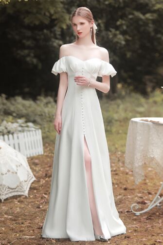 Romantic Ivory Off-Shoulder Gown – Elegant Satin Dress with Button Detailing and Side Slit
