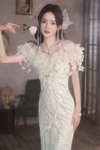 Ethereal Floral Embellished Evening Gown with Sequin Elegance and Sheer Detail