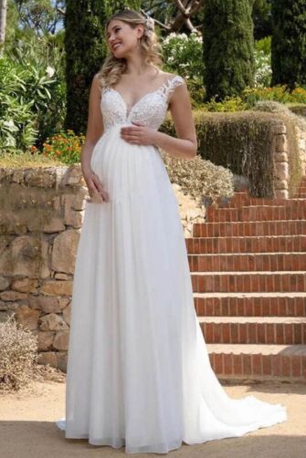 Deep V-Neck Lace Bodice Flowy Gown with Long Train for Evening Events