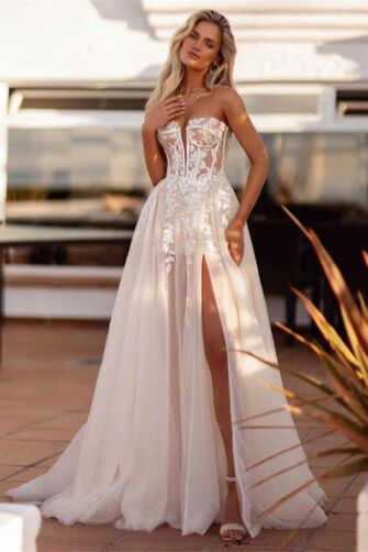 Strapless Lace Bodice Tulle Gown with High Slit and Long Train for Formal Events