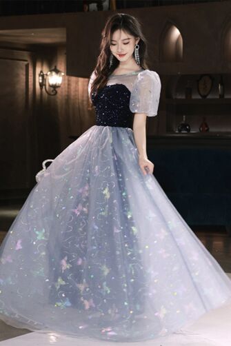Butterfly Twilight – Puff-Sleeve Sequin Bodice & Iridescent Tulle Gown