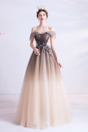 Ombre Off-Shoulder Princess Gown with Floral Embellishments – Elegant for Formal Events