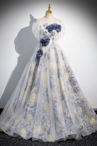 Enchanting Off-Shoulder Floral Ball Gown with Layered Tulle and Embroidered Details for Formal Events
