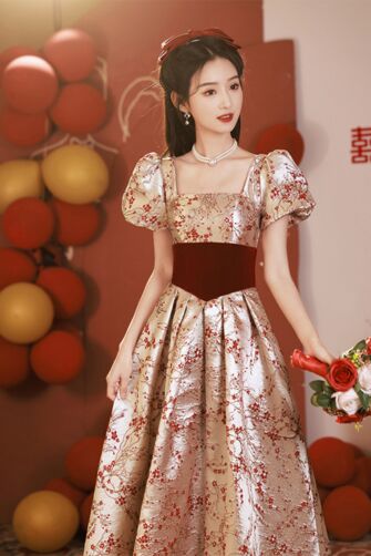 Elegant Floral Jacquard Gown with Velvet Belt – Perfect for Weddings and Formal Occasions