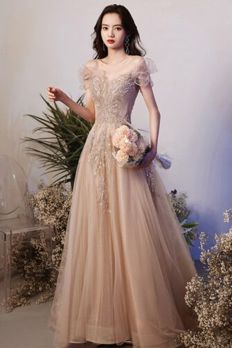 Champagne Embroidered Off-the-Shoulder Tulle Ball Gown – Perfect for Weddings and Formal Galas