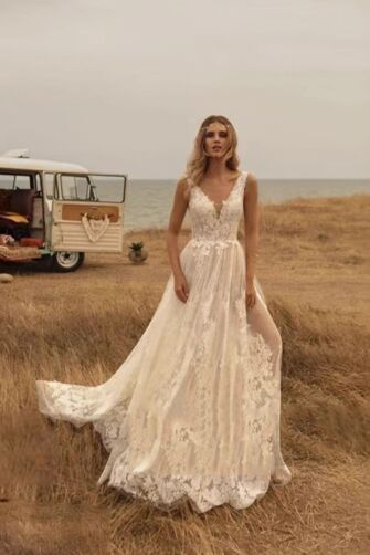 Lace V-Neck A-Line Gown with Long Train for Beach Weddings