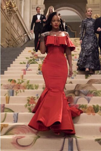 Scarlet Heist – Ocean’s 8–Inspired Red Off-the-Shoulder Ruffle Mermaid Gown