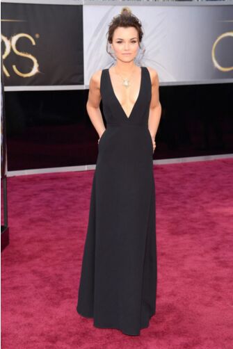 Samantha Barks Black Plunging V-neck Formal Celebrity Dress Oscars 2013