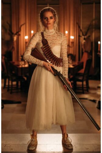 Samara Weaving White Lace Tea-Length Dress in Movie Ready or Not