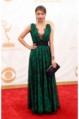 Sarah Hyland Black and Green Lace Formal Prom Celebrity Dress Emmys 2013