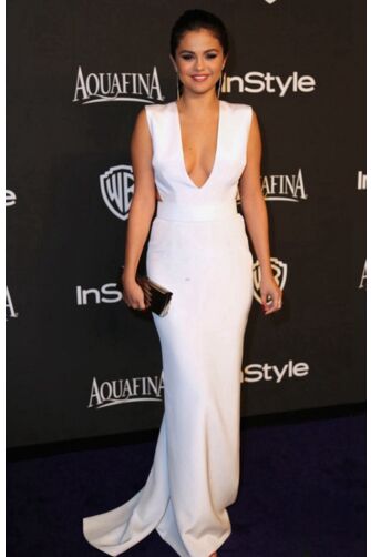 Selena Gomez White Plunging V-neck Formal Prom Dress Golden Globes 2015 Party