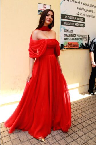 Sonam Kapoor Red Off-shoulder Formal Celebrity Dress The Zoya Factor Trailer Launch