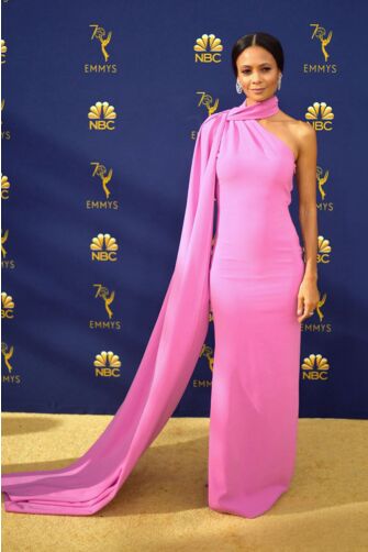 Thandie Newton Pink One Shoulder Sheath Floor Length Celebrity Formal Dress Emmys 2018