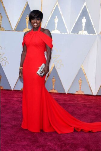 Viola Davis Red Draped Off-Shoulder Gown Oscars 2017 Red Carpet