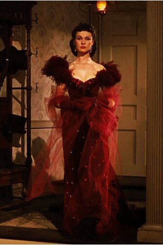 VIvien Leigh Burgundy Red Velvet Dress in Movie "Gone With the Wind" Costume