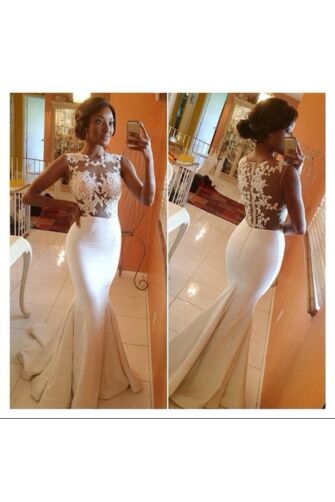 White Mermaid Lace Top Formal Prom Wedding Dress Bridal Gown
