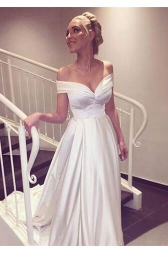 White Satin Off-the-shoulder Long Formal Prom Wedding Dress Bridal Gown
