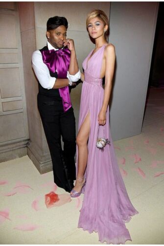 Zendaya Inspired Lilac Chiffon Plunging V-neck Celebrity Formal Prom Dress with Slit