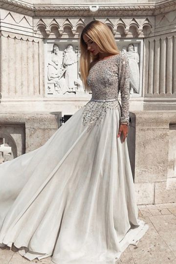 Ivory Beaded Long Sleeve Ball Gown