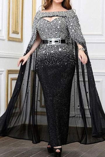 Silver Embellished Capelet Evening Gown