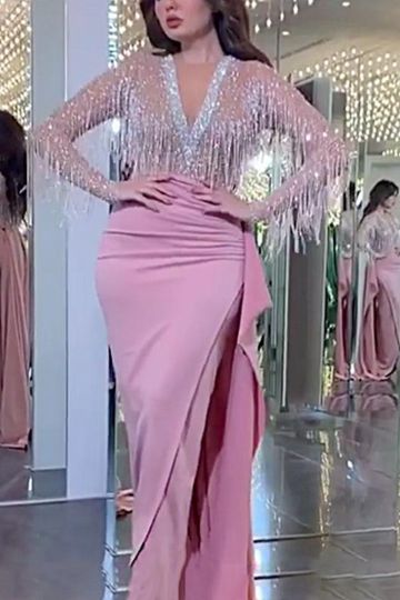 Pink Fringe Long-Sleeve Wrap Maxi Dress